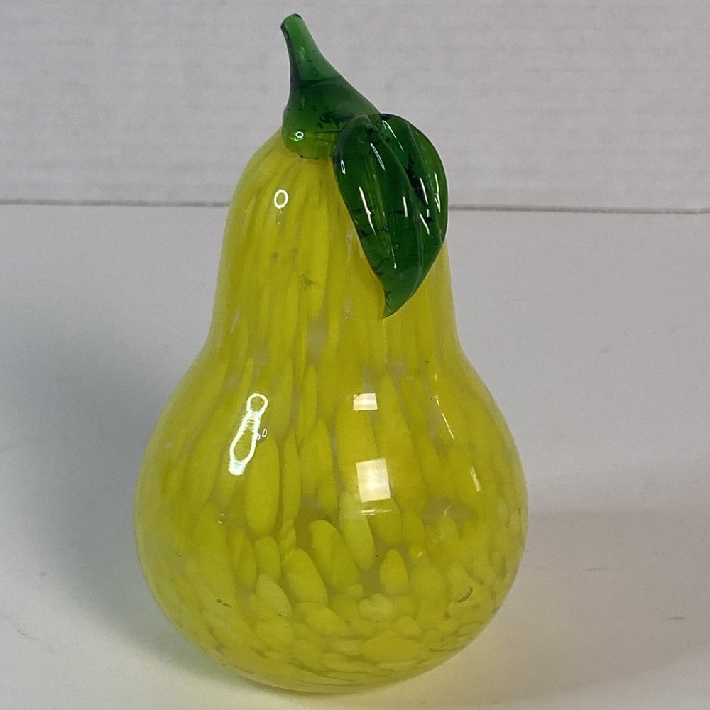 Studio Art Glass Hand Blown Mottled Yellow Pear Paperweight‎ Kitchen Home Decor